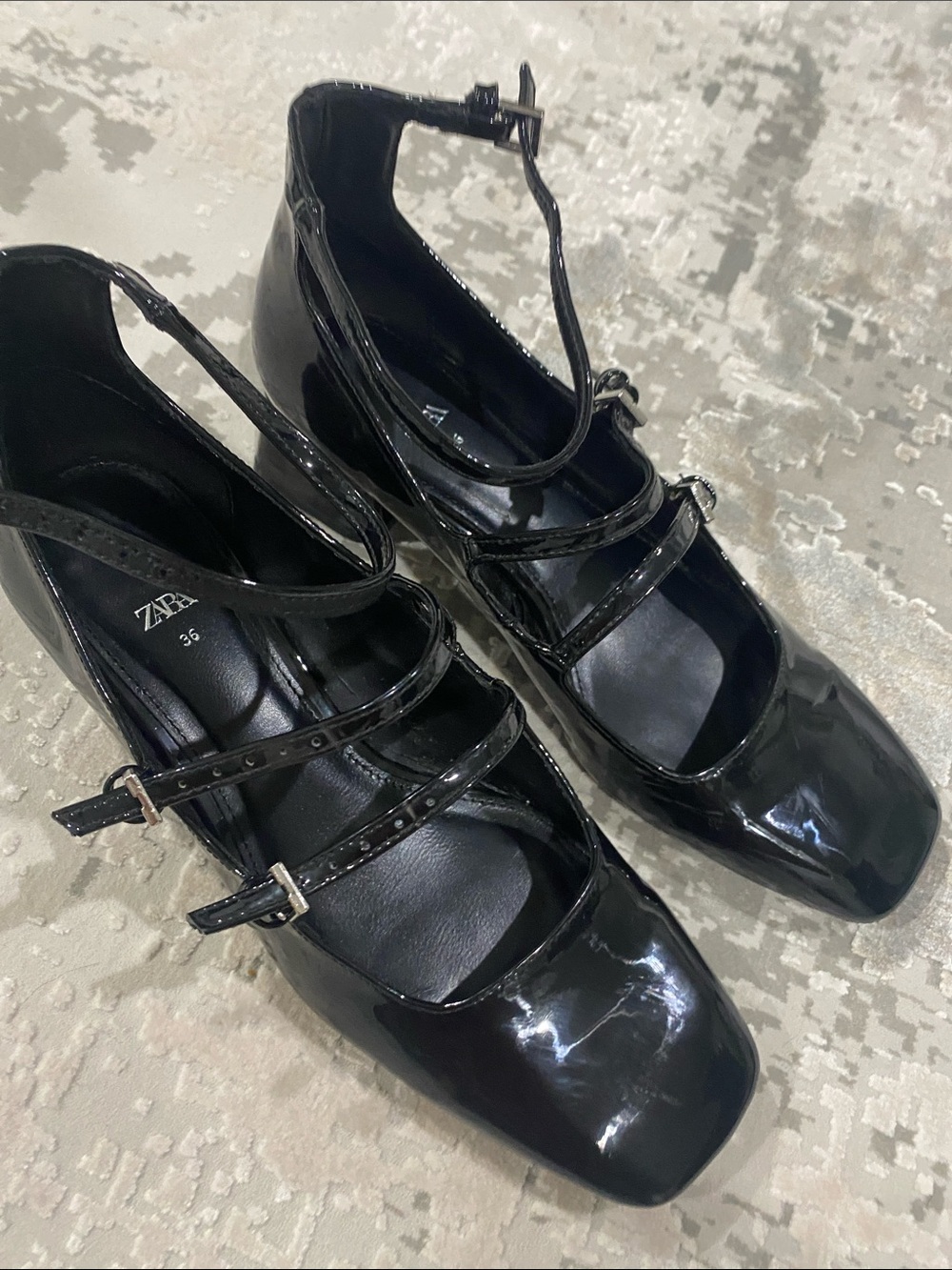 Zara Black Patent Mary Jane Block Heel with Ankle Strap